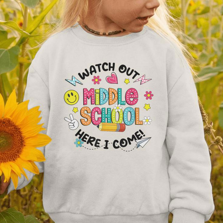Groovy Watch Out Middle School Here I Come Back To School Graphic Toddler Sweatshirt