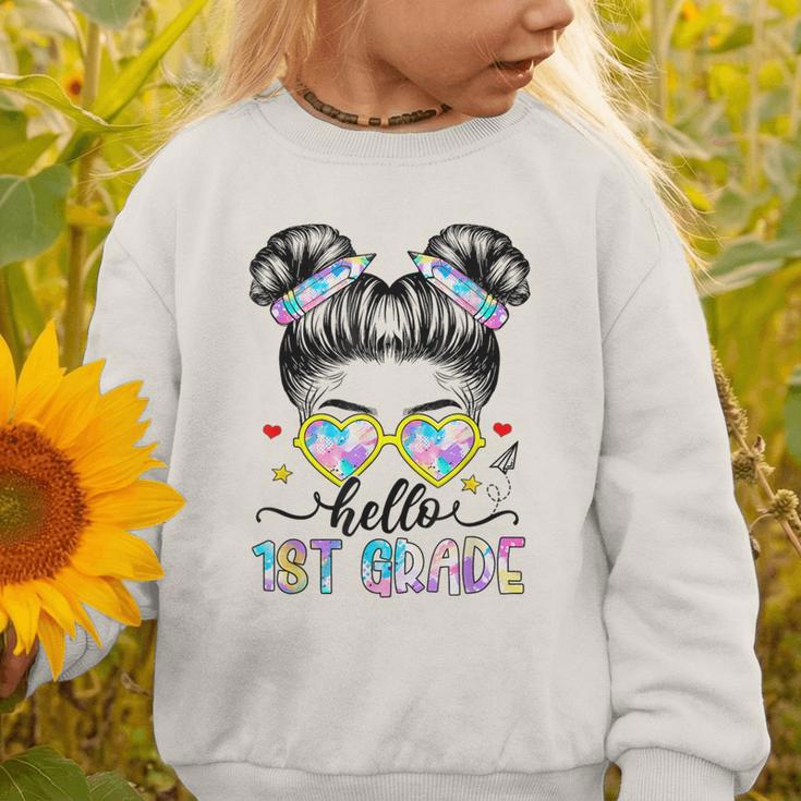 Hello 1st Grade Messy Bun Girl Back To School First Day Graphic Toddler Sweatshirt