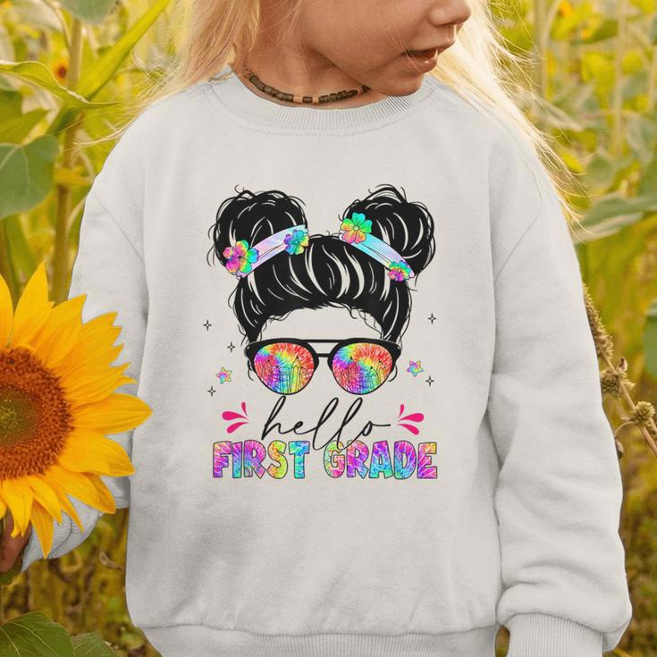 Hello First Grade Shirt Messy Bun Tie Dye Back To School Graphic Toddler Sweatshirt Hello First Grade Shirt Messy Bun Tie Dye Back To School Graphic Toddler Sweatshirt