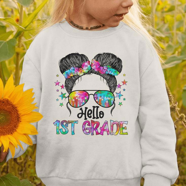 Messy Hair Bun Girl Back To School First Day Hello 1st Grade Graphic Toddler Sweatshirt Messy Hair Bun Girl Back To School First Day Hello 1st Grade Graphic Toddler Sweatshirt