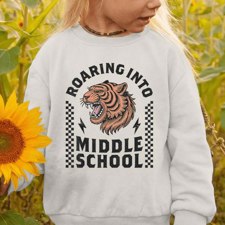 Roaring Into Middle School Tiger Back To School Boy Girl Kid Graphic Toddler Sweatshirt