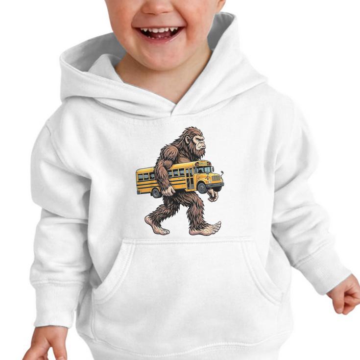 Bigfoot Carrying School Bus Sasquatch Back To School Graphic Toddler Hoodie