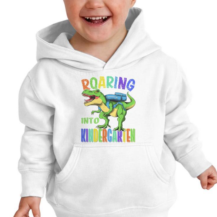 Roaring Into Kindergarten Dinosaur T Rex Back To School Boys Performance Graphic Toddler Hoodie