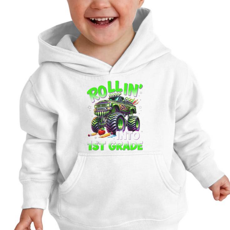 Rollin' Into 1st Grade Monster Truck Back To School Boys Graphic Toddler Hoodie Rollin' Into 1st Grade Monster Truck Back To School Boys Graphic Toddler Hoodie