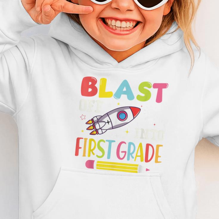 Blast Off Into First Grade Back To School Kids Rocket Space Graphic Toddler Hoodie Blast Off Into First Grade Back To School Kids Rocket Space Graphic Toddler Hoodie
