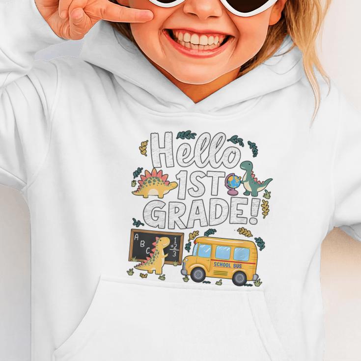 Cute Hello 1st Grade Dinosaur School Back To School Dino Bus Graphic Toddler Hoodie