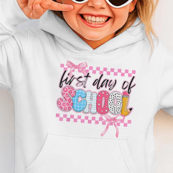 Girl First Day Of School Coquette Bow Pink Back To School Graphic Toddler Hoodie Girl First Day Of School Coquette Bow Pink Back To School Graphic Toddler Hoodie