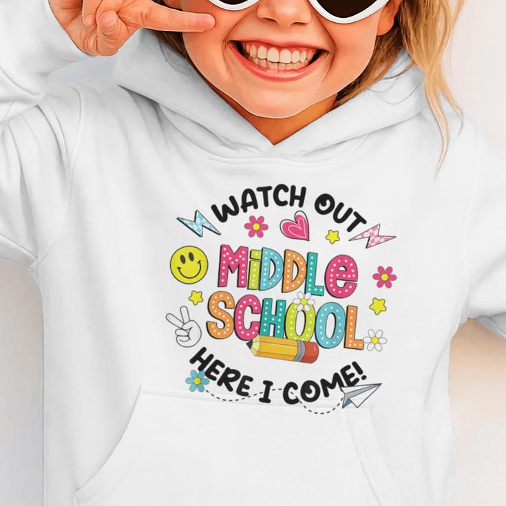 Groovy Watch Out Middle School Here I Come Back To School Graphic Toddler Hoodie Groovy Watch Out Middle School Here I Come Back To School Graphic Toddler Hoodie