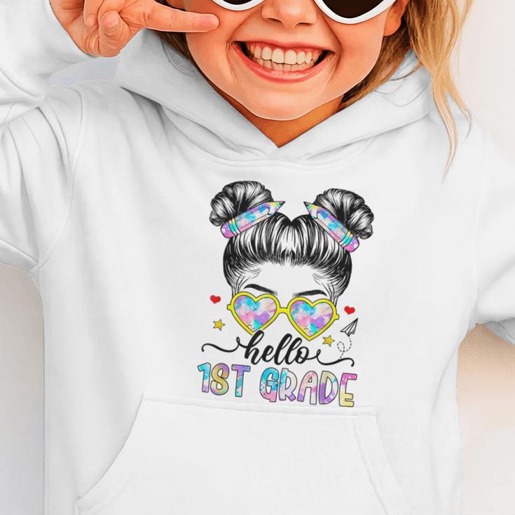 Hello 1st Grade Messy Bun Girl Back To School First Day Graphic Toddler Hoodie