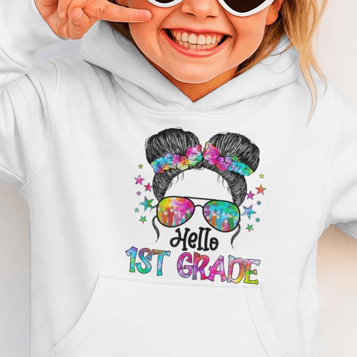 Messy Hair Bun Girl Back To School First Day Hello 1st Grade Graphic Toddler Hoodie Messy Hair Bun Girl Back To School First Day Hello 1st Grade Graphic Toddler Hoodie