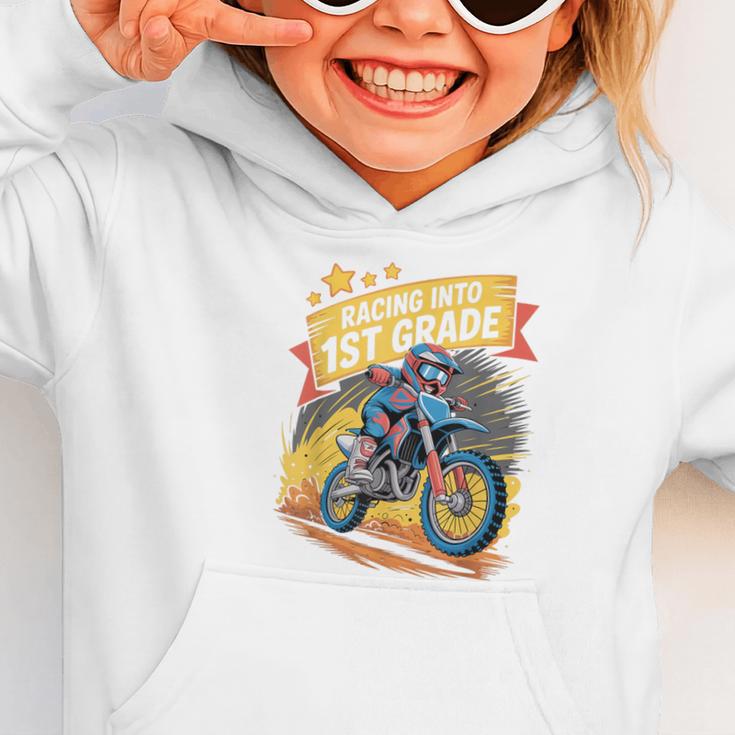 Motocross Dirt Bike Back To School Racing Into 1st Grade Graphic Toddler Hoodie Motocross Dirt Bike Back To School Racing Into 1st Grade Graphic Toddler Hoodie