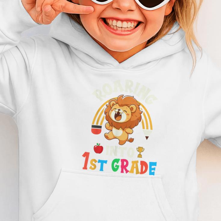 Roaring Into First Grade Lion 1st Grade Back To School Graphic Toddler Hoodie Roaring Into First Grade Lion 1st Grade Back To School Graphic Toddler Hoodie