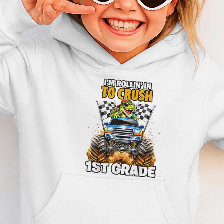 Rollin Crush Dinosaur Monster Truck Back To School 1st Grade Graphic Toddler Hoodie Rollin Crush Dinosaur Monster Truck Back To School 1st Grade Graphic Toddler Hoodie