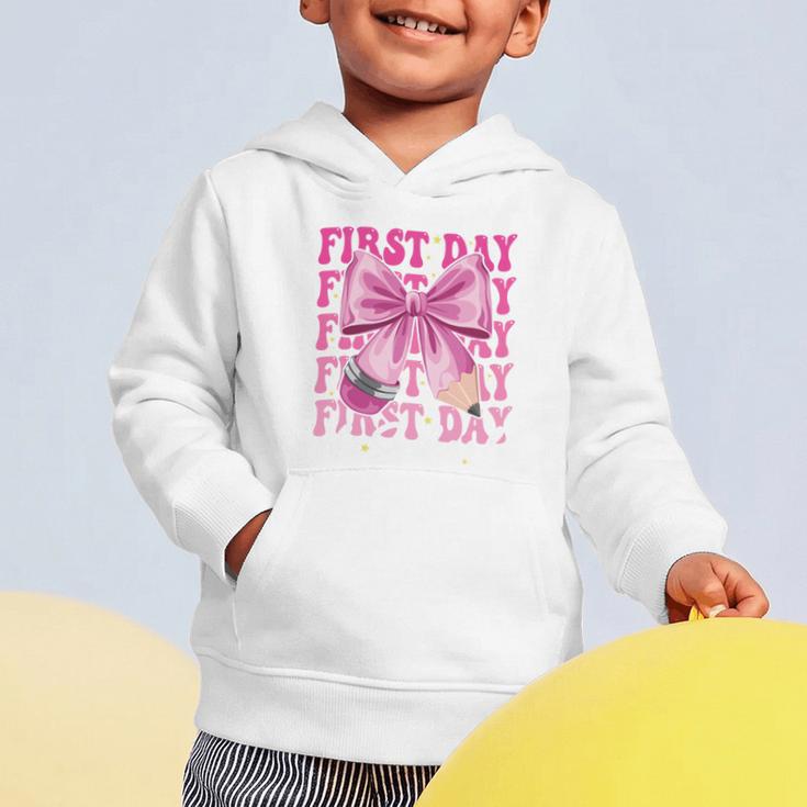 First Day Of School Girls Coquette Bow Back To School Performance Graphic Toddler Hoodie First Day Of School Girls Coquette Bow Back To School Performance Graphic Toddler Hoodie