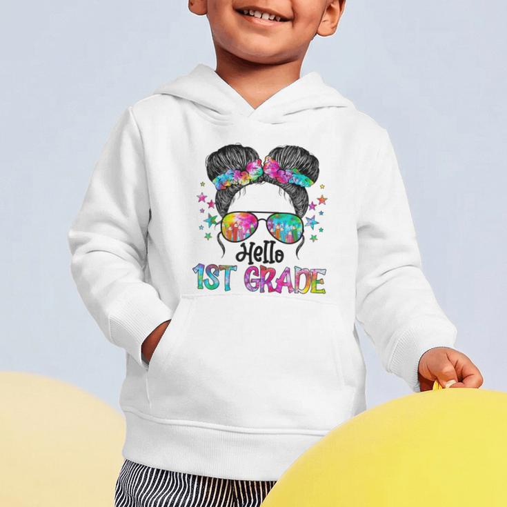 Messy Hair Bun Girl Back To School First Day Hello 1st Grade Graphic Toddler Hoodie Messy Hair Bun Girl Back To School First Day Hello 1st Grade Graphic Toddler Hoodie