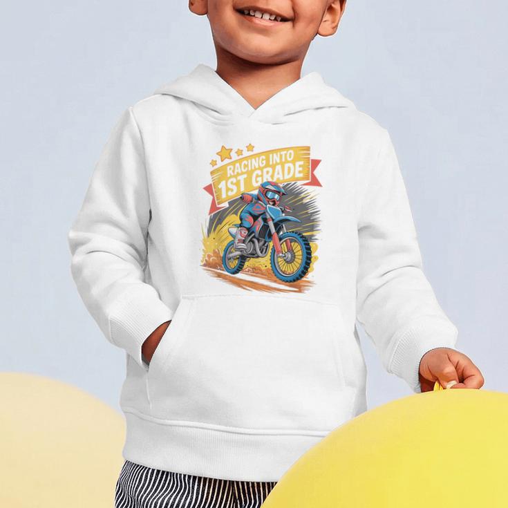Motocross Dirt Bike Back To School Racing Into 1st Grade Graphic Toddler Hoodie Motocross Dirt Bike Back To School Racing Into 1st Grade Graphic Toddler Hoodie