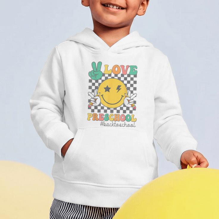 Peace Love Preschool Smile Face Back To School PRESCHOOL Graphic Toddler Hoodie Peace Love Preschool Smile Face Back To School PRESCHOOL Graphic Toddler Hoodie