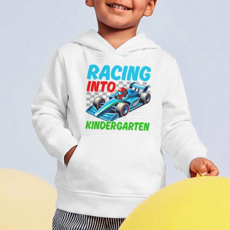 Racing Into Kindergarten Race Car Driver Back To School Performance Graphic Toddler Hoodie Racing Into Kindergarten Race Car Driver Back To School Performance Graphic Toddler Hoodie