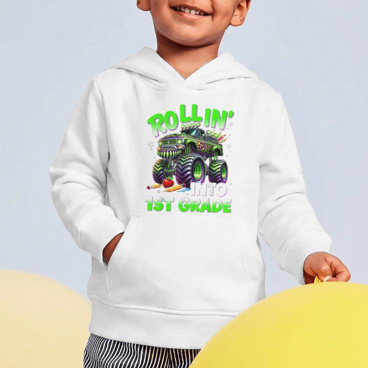 Rollin' Into 1st Grade Monster Truck Back To School Boys Graphic Toddler Hoodie Rollin' Into 1st Grade Monster Truck Back To School Boys Graphic Toddler Hoodie