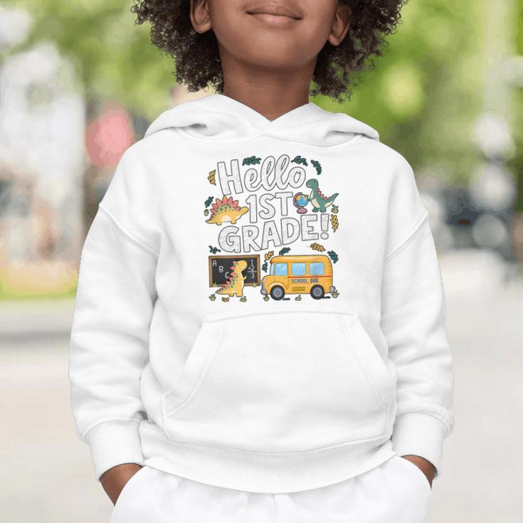 Cute Hello 1st Grade Dinosaur School Back To School Dino Bus Graphic Toddler Hoodie