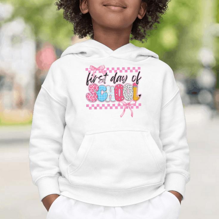 Girl First Day Of School Coquette Bow Pink Back To School Graphic Toddler Hoodie Girl First Day Of School Coquette Bow Pink Back To School Graphic Toddler Hoodie