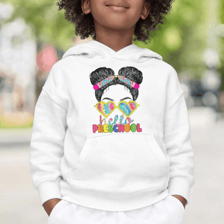 Hello Preschool Messy Bun Tie Dye Back To School Girls Kids Graphic Toddler Hoodie