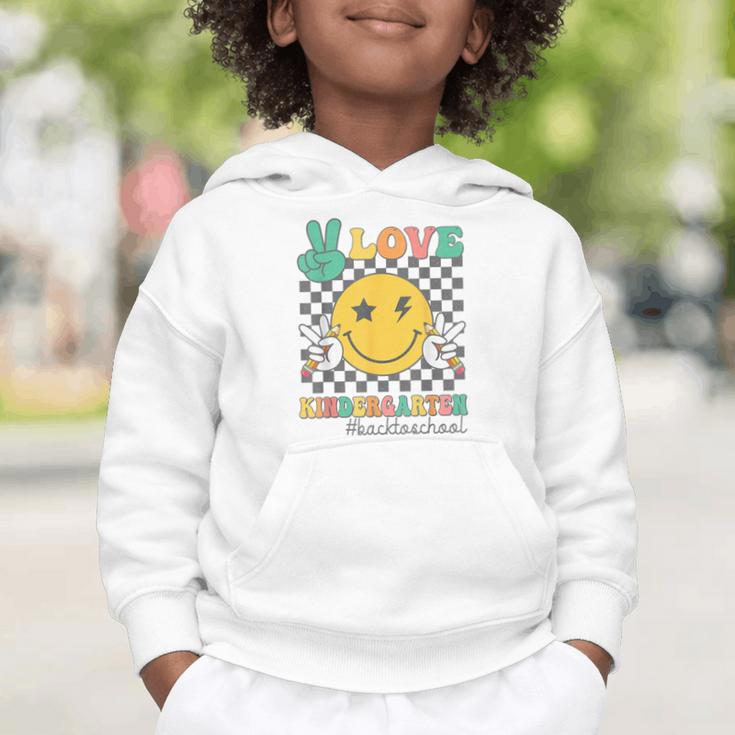 Peace Love Kindergarten Smile Face Hippie Back To School Graphic Toddler Hoodie Peace Love Kindergarten Smile Face Hippie Back To School Graphic Toddler Hoodie