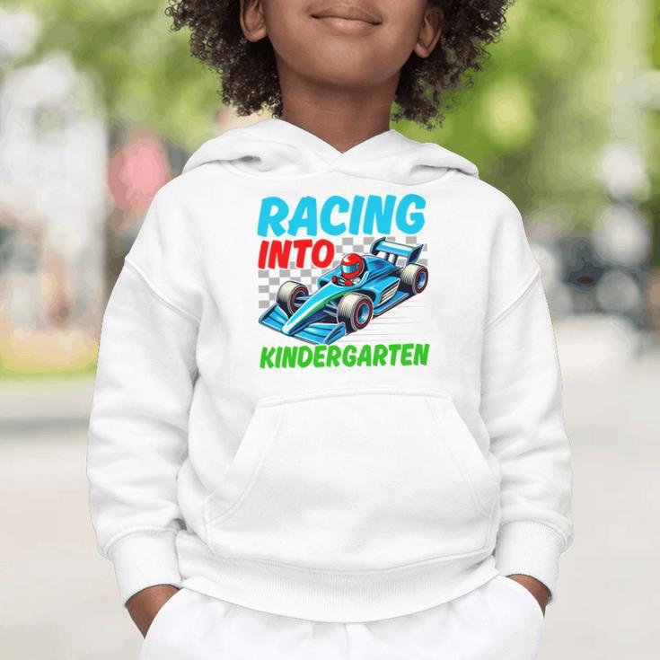 Racing Into Kindergarten Race Car Driver Back To School Performance Graphic Toddler Hoodie Racing Into Kindergarten Race Car Driver Back To School Performance Graphic Toddler Hoodie