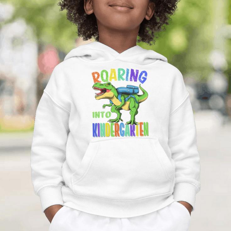 Roaring Into Kindergarten DinosaurRex Back To School Boys Performance Graphic Toddler Hoodie Roaring Into Kindergarten DinosaurRex Back To School Boys Performance Graphic Toddler Hoodie