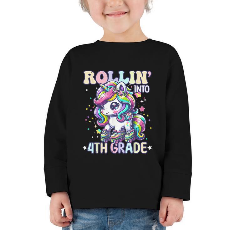 4th Grade Back To School First Day Girls Rollin Unicorn Graphic Toddler Long Sleeve Tee