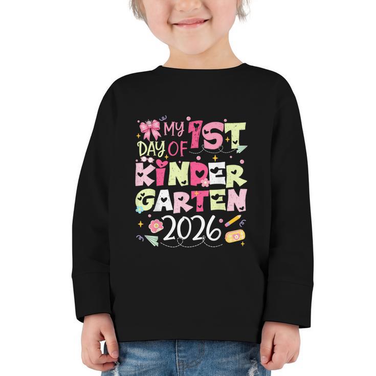 Back To School My 1st Day Of Kindergarten 2026 Bow Graphic Toddler Long Sleeve Tee