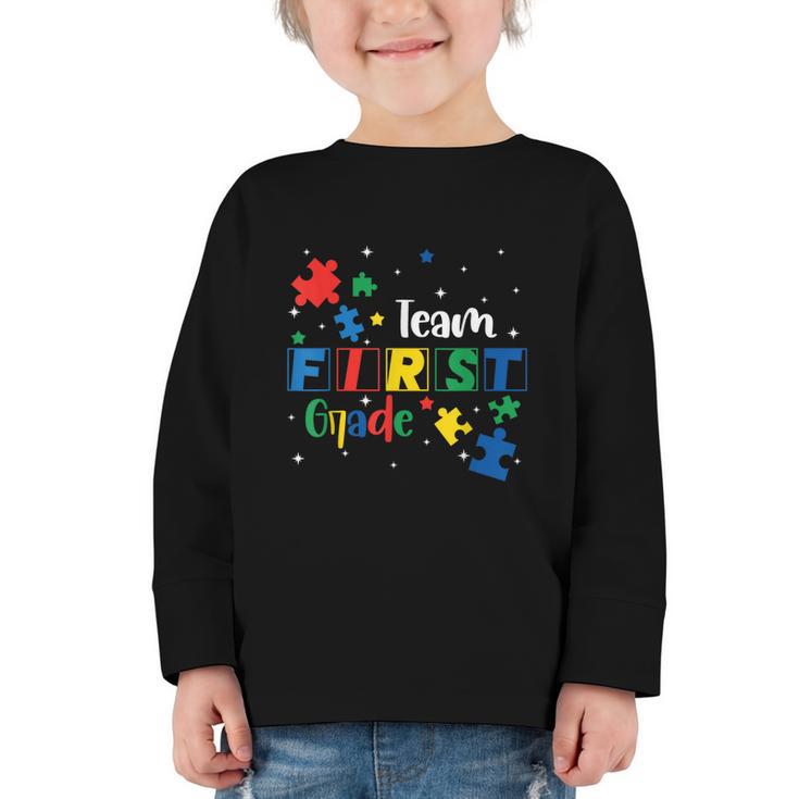 Back To School Autism Puzzle Pieces Autistic First Grade ASD Graphic Toddler Long Sleeve Tee