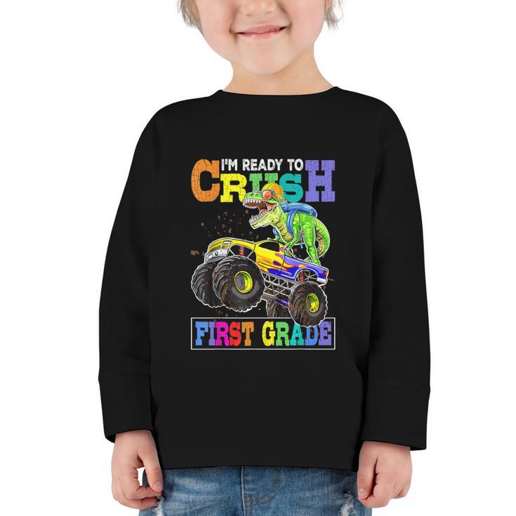 Back To School Boy Dinosaur I'm Ready To Crush First Grade Graphic Toddler Long Sleeve Tee