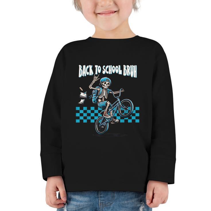Back To School Bruh Boy Skeleton Riding On a BMX Bike Graphic Toddler Long Sleeve Tee