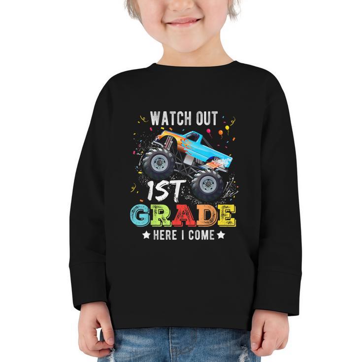 Back To School First Grade Here I Come For Boy Kids Truck Graphic Toddler Long Sleeve Tee