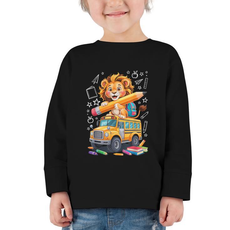 Back To School Lion School Bus 100 Days Of School Graphic Toddler Long Sleeve Tee