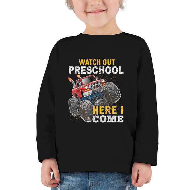 Back To School Preschool Here I Come For Boy Kids Truck Graphic Toddler Long Sleeve Tee
