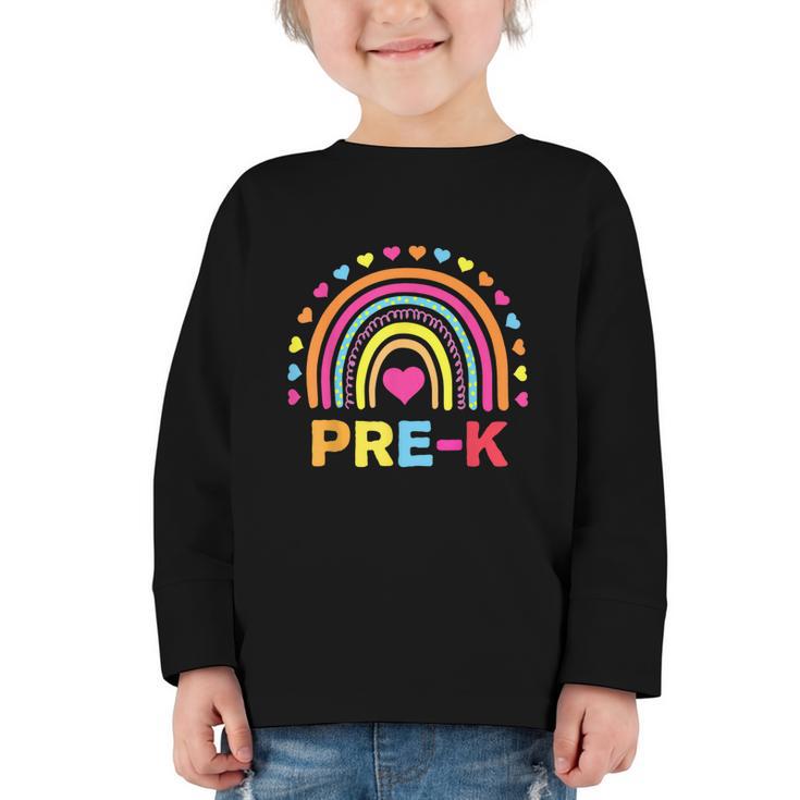 Back To School Shirt Rainbow Happy First Day Of Pre-K Graphic Toddler Long Sleeve Tee
