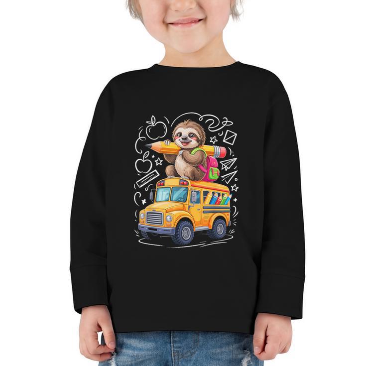 Back To School Sloth School Bus 100 Days Of School Graphic Toddler Long Sleeve Tee
