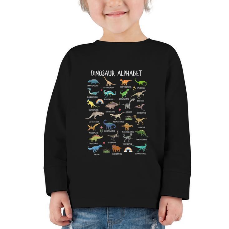 Back To School Types Of Dinosaurs Alphabet Identification Graphic Toddler Long Sleeve Tee