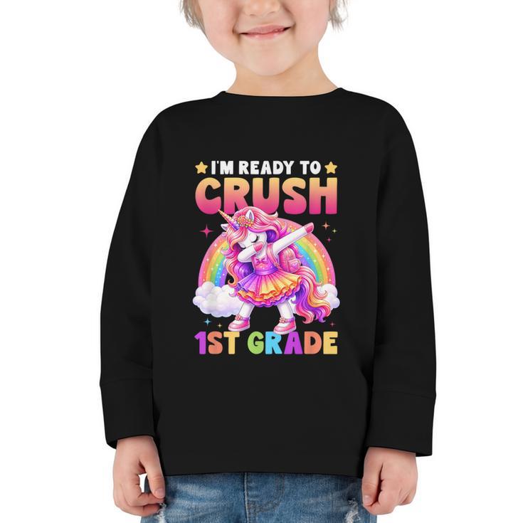 Back To School Unicorn Girls I'm Ready To Crush 1st Grade Graphic Toddler Long Sleeve Tee