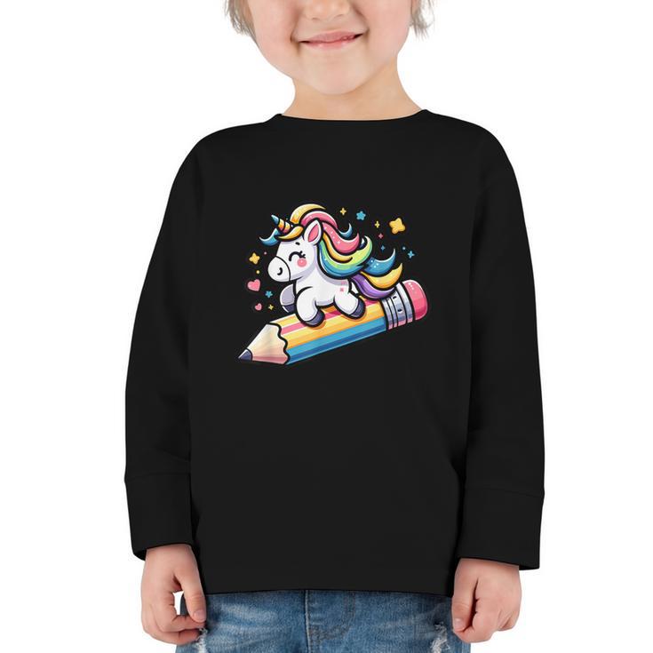 Back To School Unicorn Riding A Pencil Graphic Toddler Long Sleeve Tee