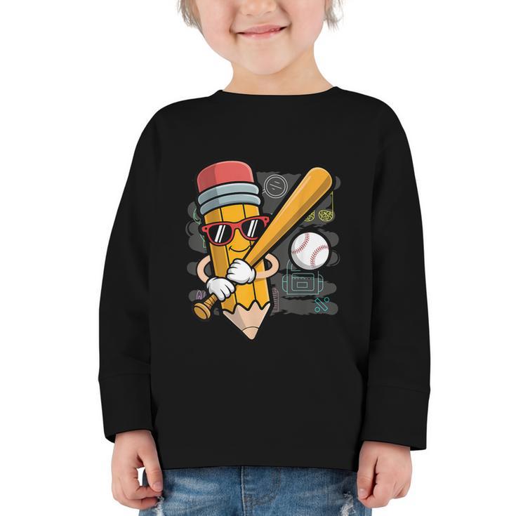 Baseball Player Pencil Back To School Cute Sport Students Graphic Toddler Long Sleeve Tee
