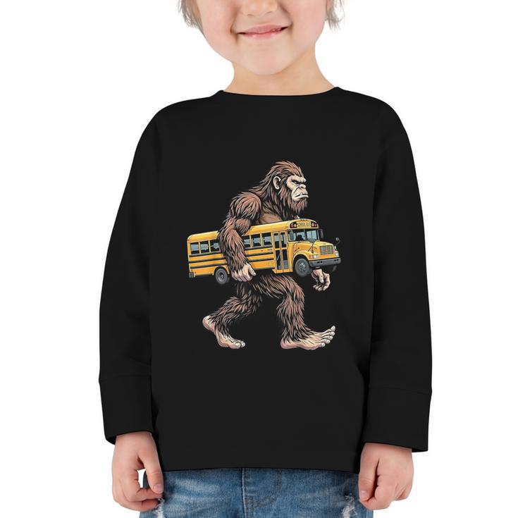 Bigfoot Carrying School Bus Sasquatch Back To School Graphic Toddler Long Sleeve Tee