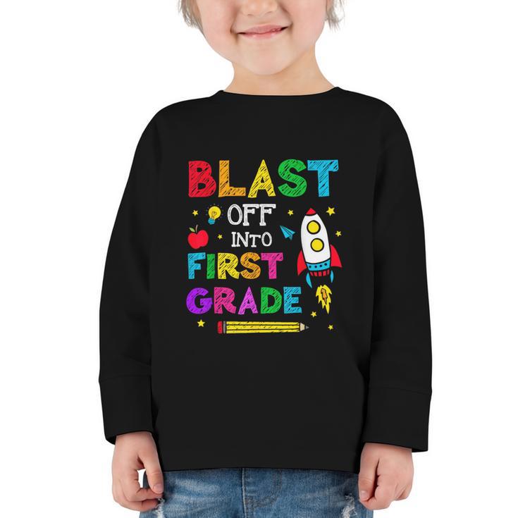 Blast Off Into First Grade Squad First Day Back To School Graphic Toddler Long Sleeve Tee
