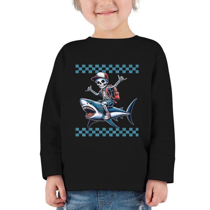 Boys Skeleton Riding a Shark Back To School Graphic Toddler Long Sleeve Tee