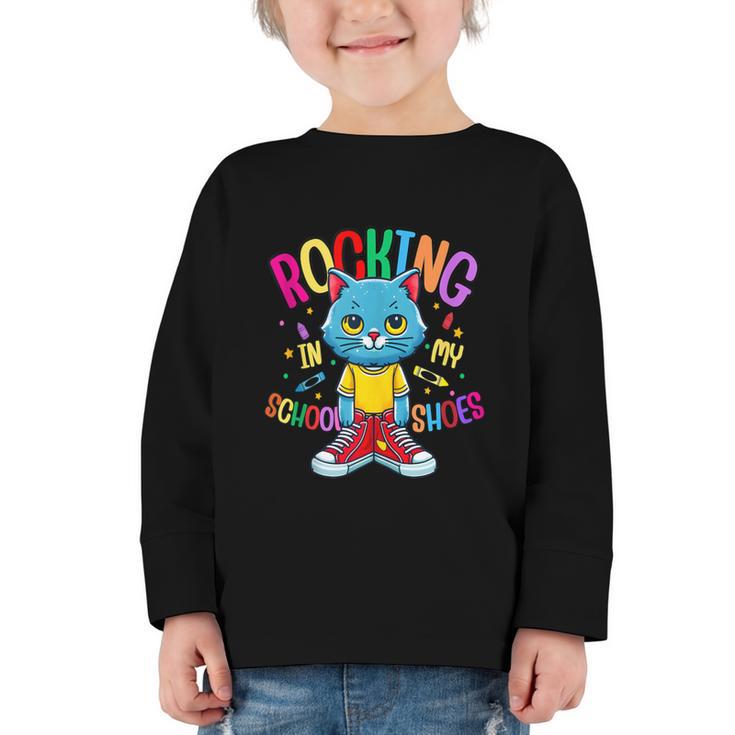 Cat Rocking I n My School Shoes Back To School Student Graphic Toddler Long Sleeve Tee