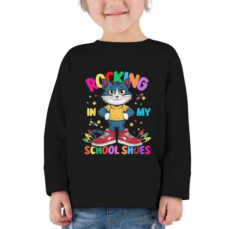 Cat Rocking In My School Shoes Back To School Kids Tee Graphic Toddler Long Sleeve Tee