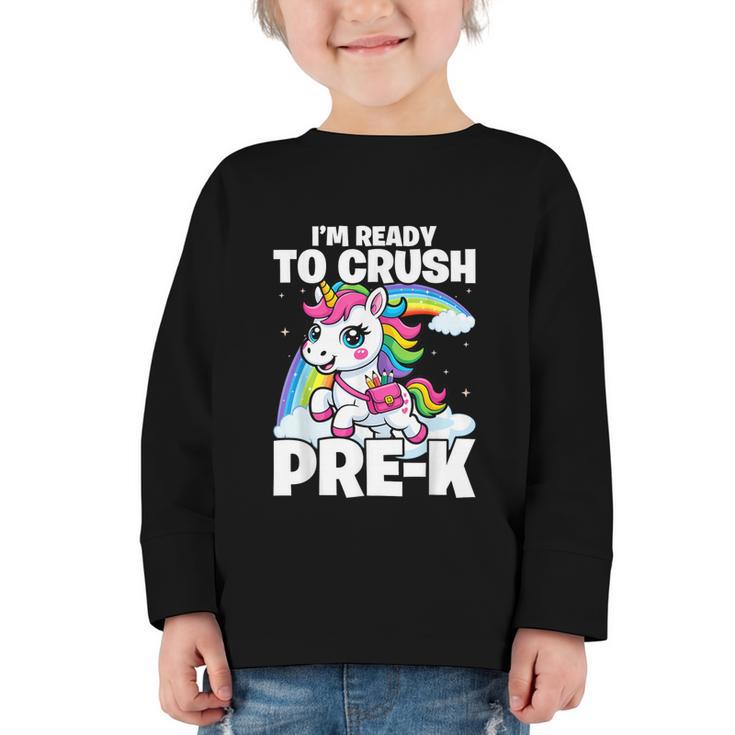 Crush Pre-K Girls Back To School Unicorn First Day Preschool Graphic Toddler Long Sleeve Tee