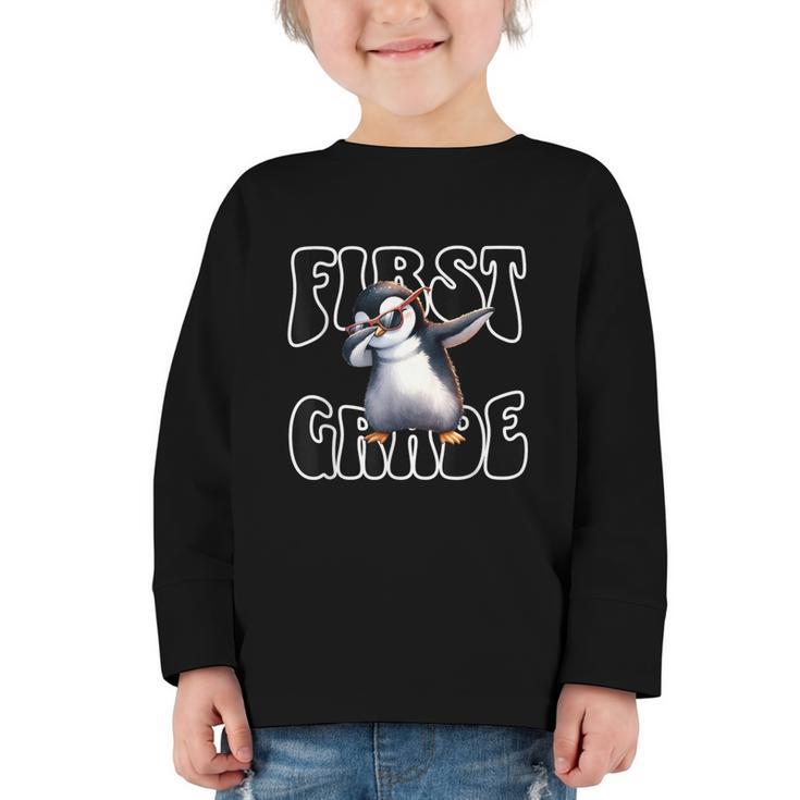 Cute Dabbing Penguin First Grade Back To School Graphic Toddler Long Sleeve Tee